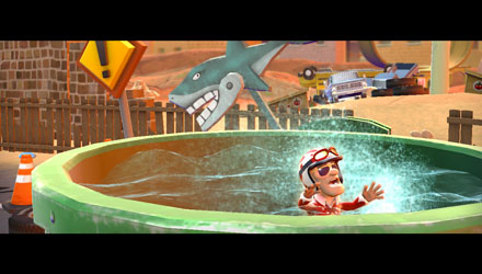 The lengthy 'almost-drowning-in-the-shark-tank' animation. Hilarious, the first time you see it. Not so much after that.