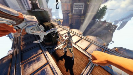 Attacking a bad guy in Bioshock Infinite. Much easier when they're not stuck in scenery...